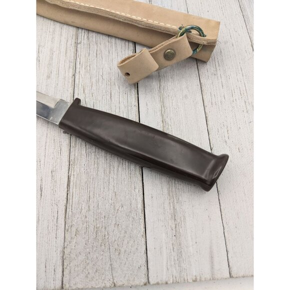 Stainless Utility Knife 7" Blade Brown Handle 11 1/2" Long Leather Sheath - Picture 5 of 8